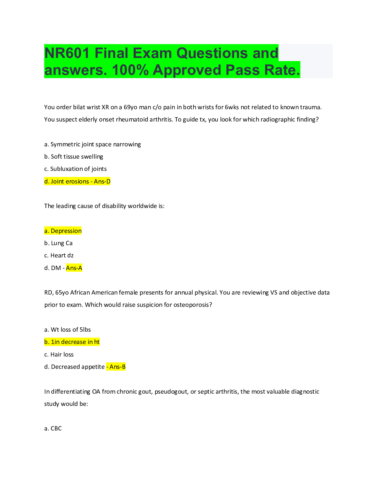 NR601 Final Exam Questions and answers. 100 Approved Pass Rate